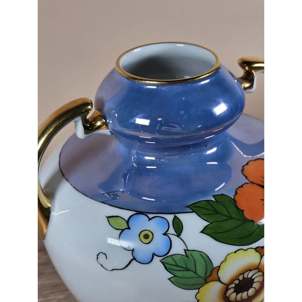 Vintage Asian Floral Ceramic Vase With Handles Blue White Pottery Decor